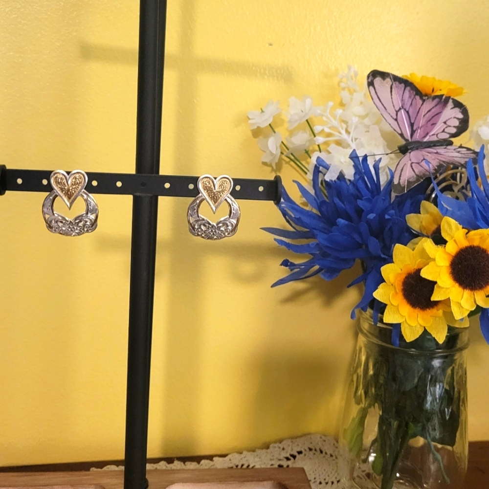 Silver and Gold Heart Vintage Western Earrings 1980's Jewelry